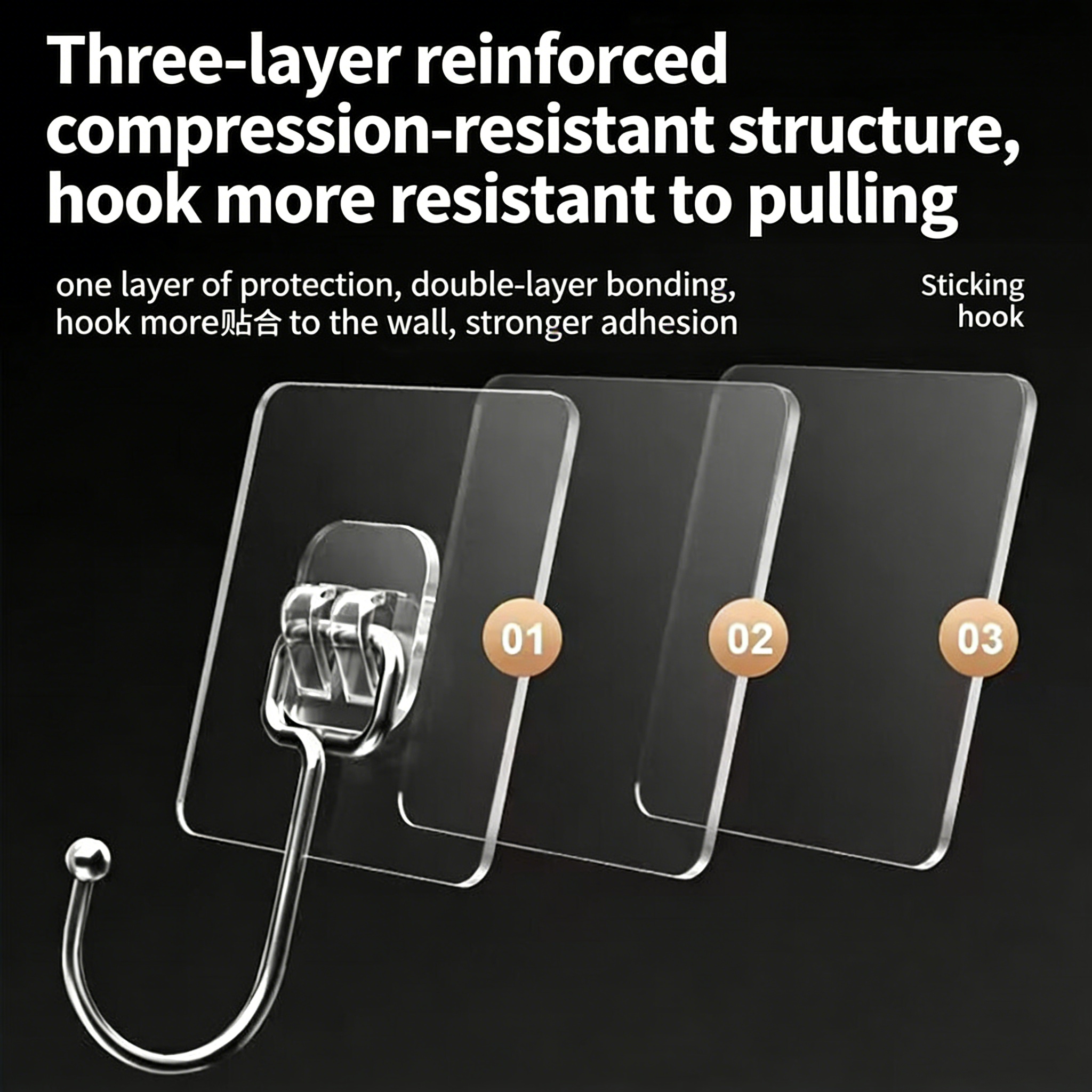 Heavy Duty  PVC Black Fashion Household Wall Strong Adhesive Transparent Good Adhesion Traceless Load-bearing Kitchen Hook