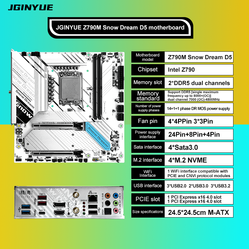 JGINYUE Z790M Snow Dream D5 Motherboard M-ATX PC Motherboard Supports 12th 13th 14th Generation LGA1700 Platform Processors