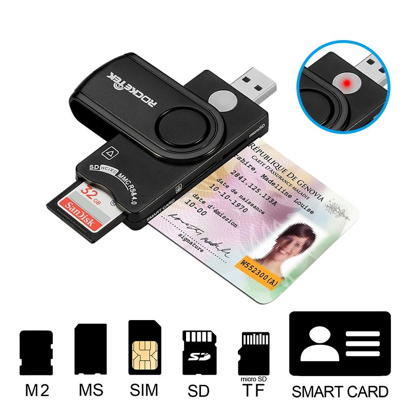 Multi USB2.0 Bank IC ID EMV MMC USB-CCID ISO 7816 SD TF M2 MS Smart Card Reader Compatible with Windows 7 8 10 and Linux OS