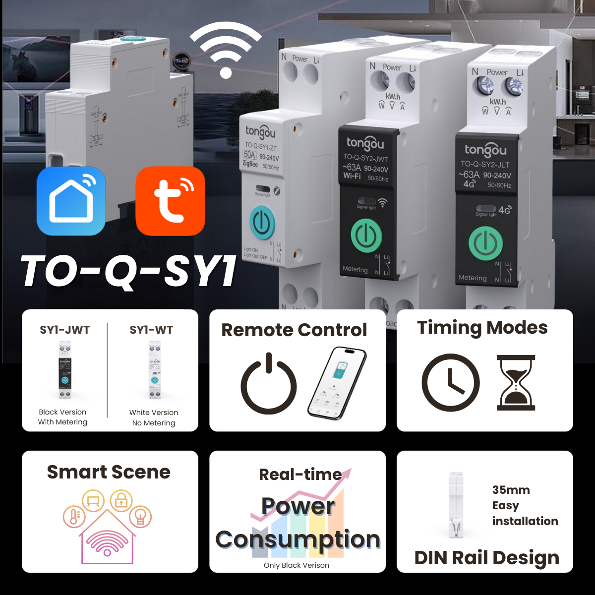 TONGOU Smart Life DIN Rail Customized Electric Smart Switch Tuya 1P+N Wifi Smart Mcb Mini Circuit Breaker 16 Amp 63A 50A 20A
