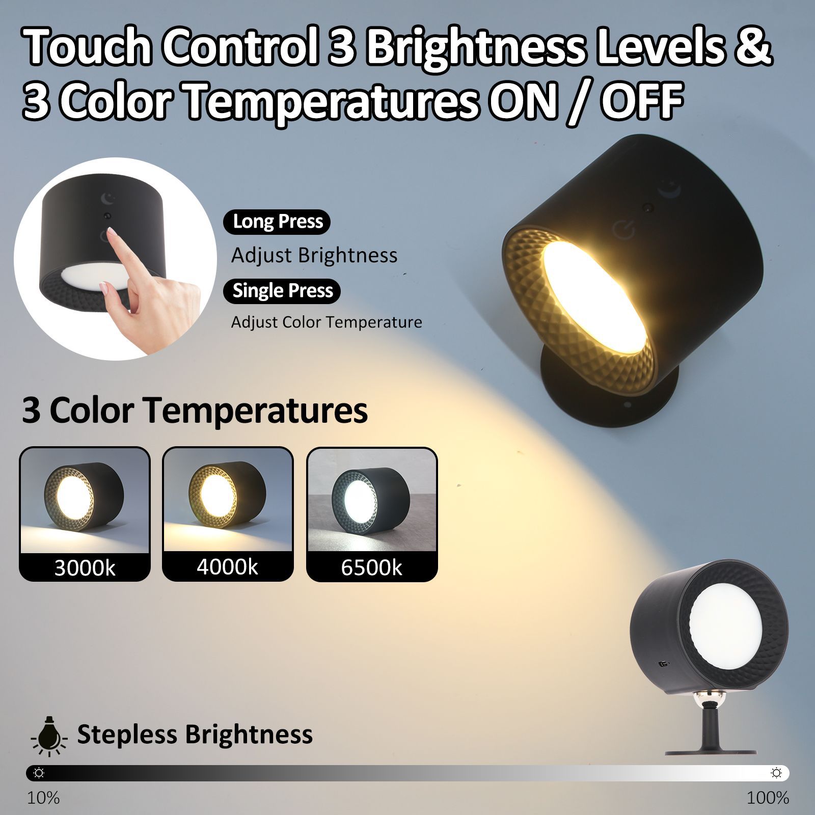 Senya-Pro Wall Mounted Lights Battery Operated 3 Color Temperatures & Dimmable Wall Lamp Magnetic Rotation LED Wall Sconces