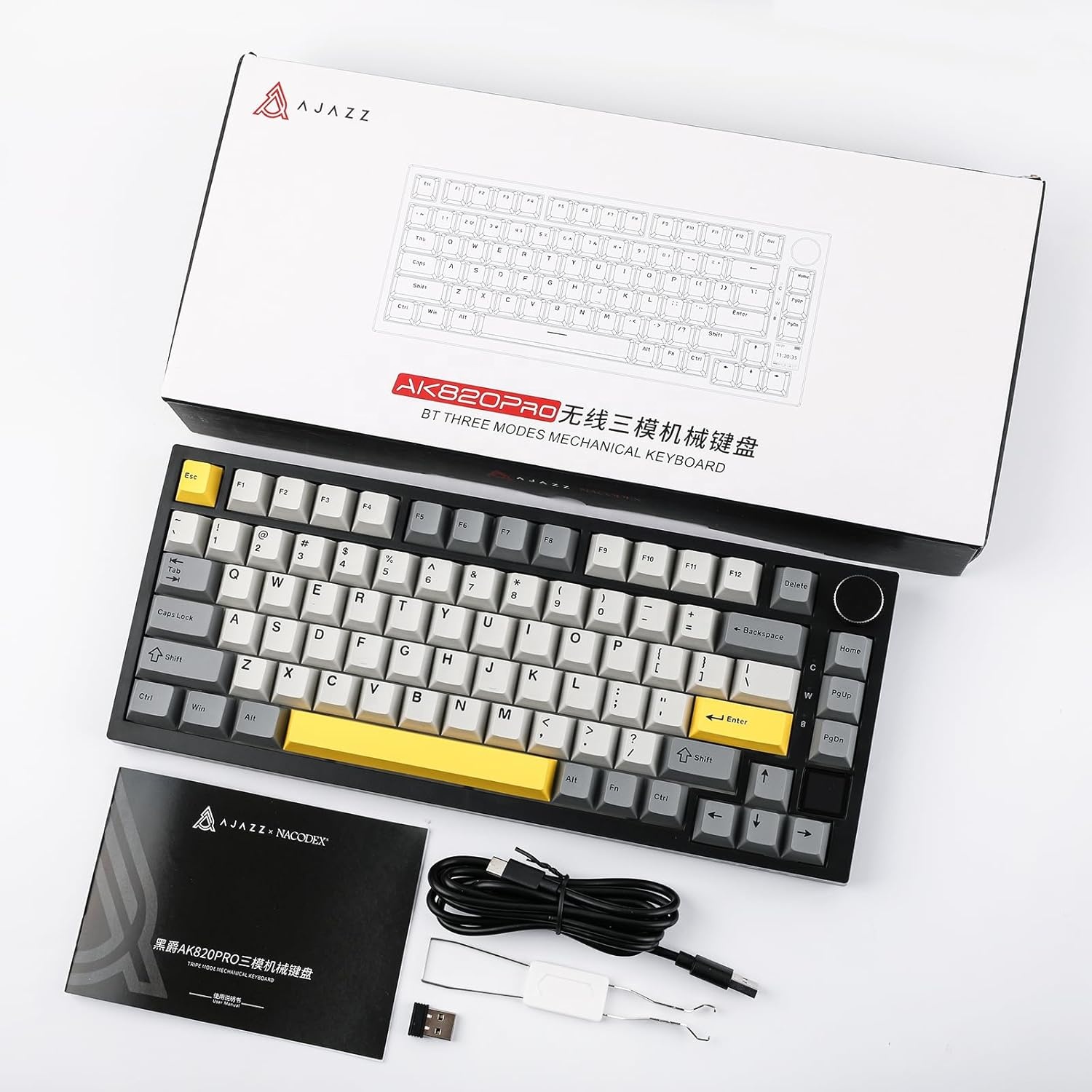 Ajazz AK820 Pro 75% RGBG Gaming Mechanical Keyboard Three-Mode Flying Fish Axis TFT Smart Display Knob 2.4G Connectivity Grey