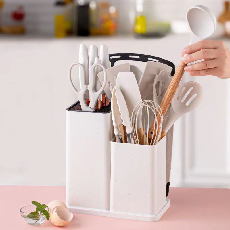 Factory Direct 19pcs Silicone and Steel Kitchen Utensils Set 19pcs Stainless Steel Knife with Wooden Handle Kitchen Tool Set