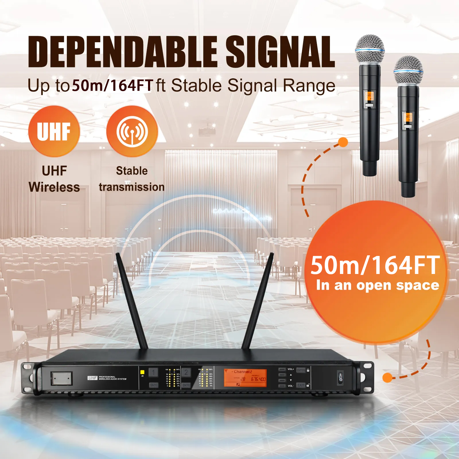 UX22 Professional 262FT Portable Microphone 2 Channel Handheld Uhf Wireless Microphone System