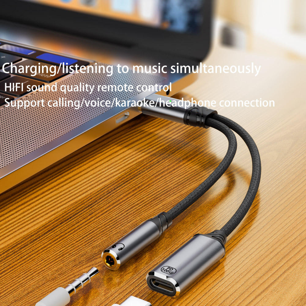 2-in-1 USB-C Headphone Adapter PD 100W Fast Charging 3.5mm Audio Jack Nylon Cable Speaker Microphone Amplify Computer Projector