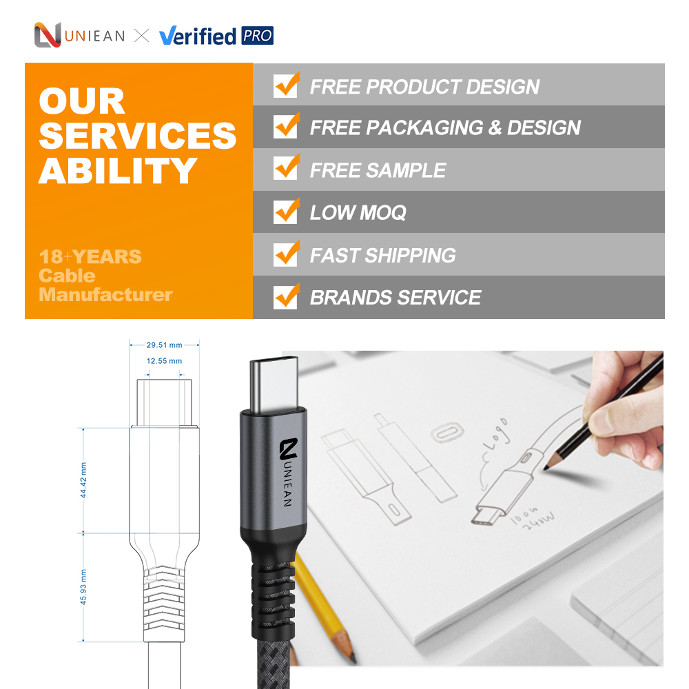 UNIEAN Wholesale 2M 3M 4.5M 60hz Video 2.1 UHD to Type-c 4k 8k Type C 48Gbps UHD Usb Data Cables for Tv Iphones to Android