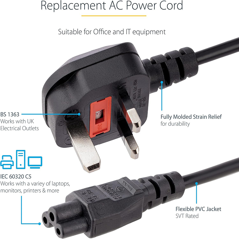 13A C5 Uk Plug Power Cable Fused Cord 3Pin BS AC Power Cord for  HP Dell Lenovo ASUS Notebook Charger LG TV