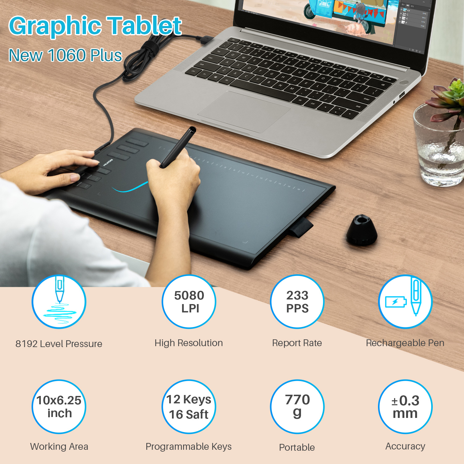 New 1060plus Portable Animation Digital Pen Light Drawing Graphics Tablet Digital Pen Tablet for Children's