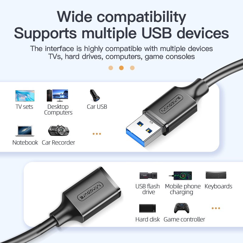 Mindpure 0.5m-3m USB 3.0 Extension Cable Male/Female 3A Fast Charging for Printers Computer Scanner Braid Shielding PVC Jacket