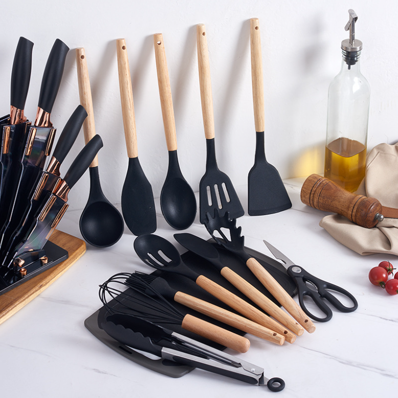 Kitchen Utensils Set 19 Piece Stainless Steel Kitchen Knife Set Silicone Cookware With Wooden Handle for Cooking