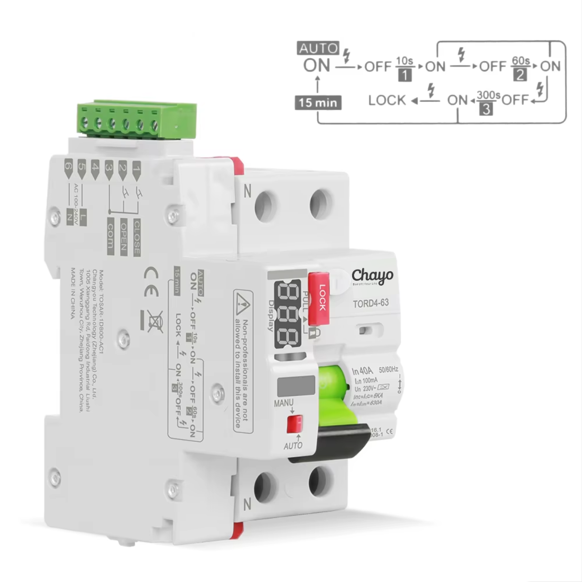 Chayo Mini Smart Automatic Self-Reclosing RCCB Device 2P 230V 6KA 63A 10mA 30mA 100mA 300mA RCD Differential Circuit Breaker