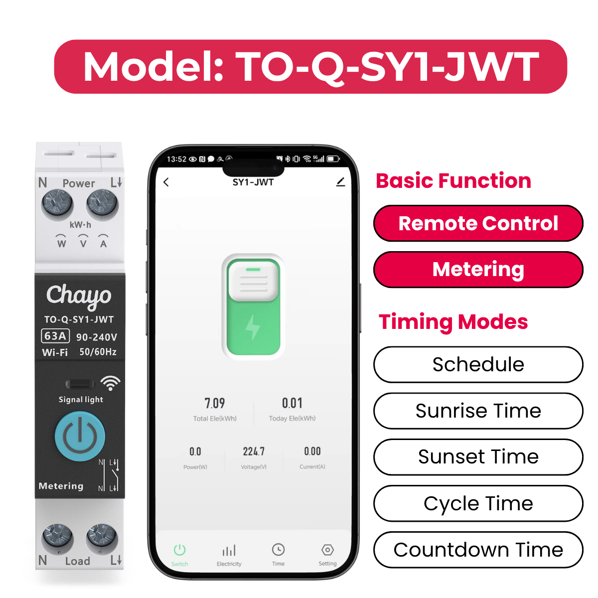 DIN Rail Tuya WiFi Smart Meter MCB Circuit Breaker CB/CE 63A Remote Control Metering 1P+N 90-240V Smart Switch API OEM/ODM Chayo