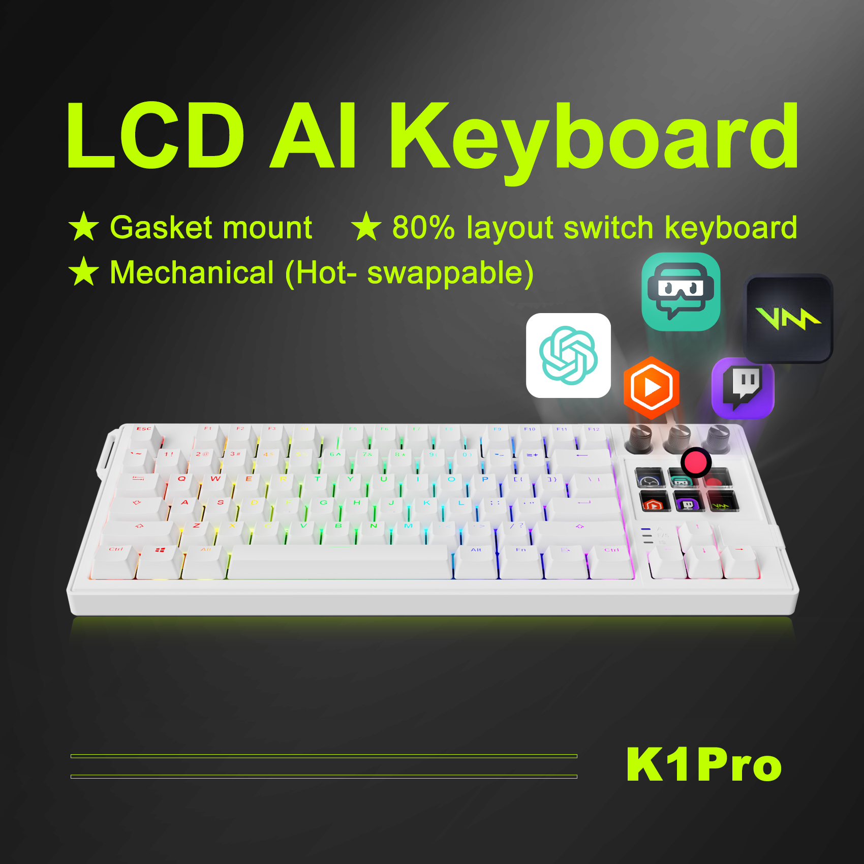 MiraBox K1Pro AI Wired Keyboard with LCD Smart Keys and Encoder Knobs