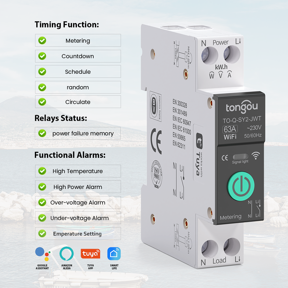 63A TUYA WiFi Relay Switch Smart Circuit Breaker Over Current Under Voltage Protection Power Metering Remote Control TONGOU