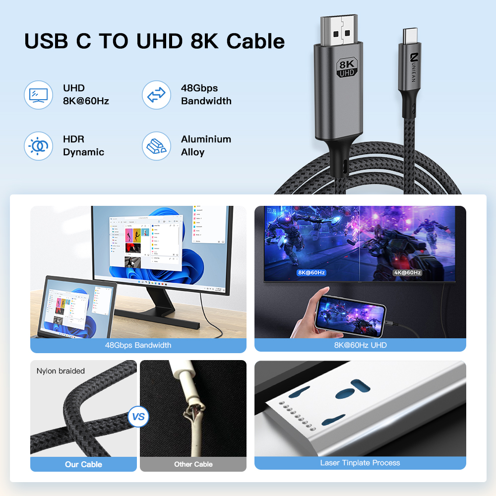UNIEAN Wholesale 2M 3M 4.5M 60hz Video 2.1 UHD to Type-c 4k 8k Type C 48Gbps UHD Usb Data Cables for Tv Iphones to Android