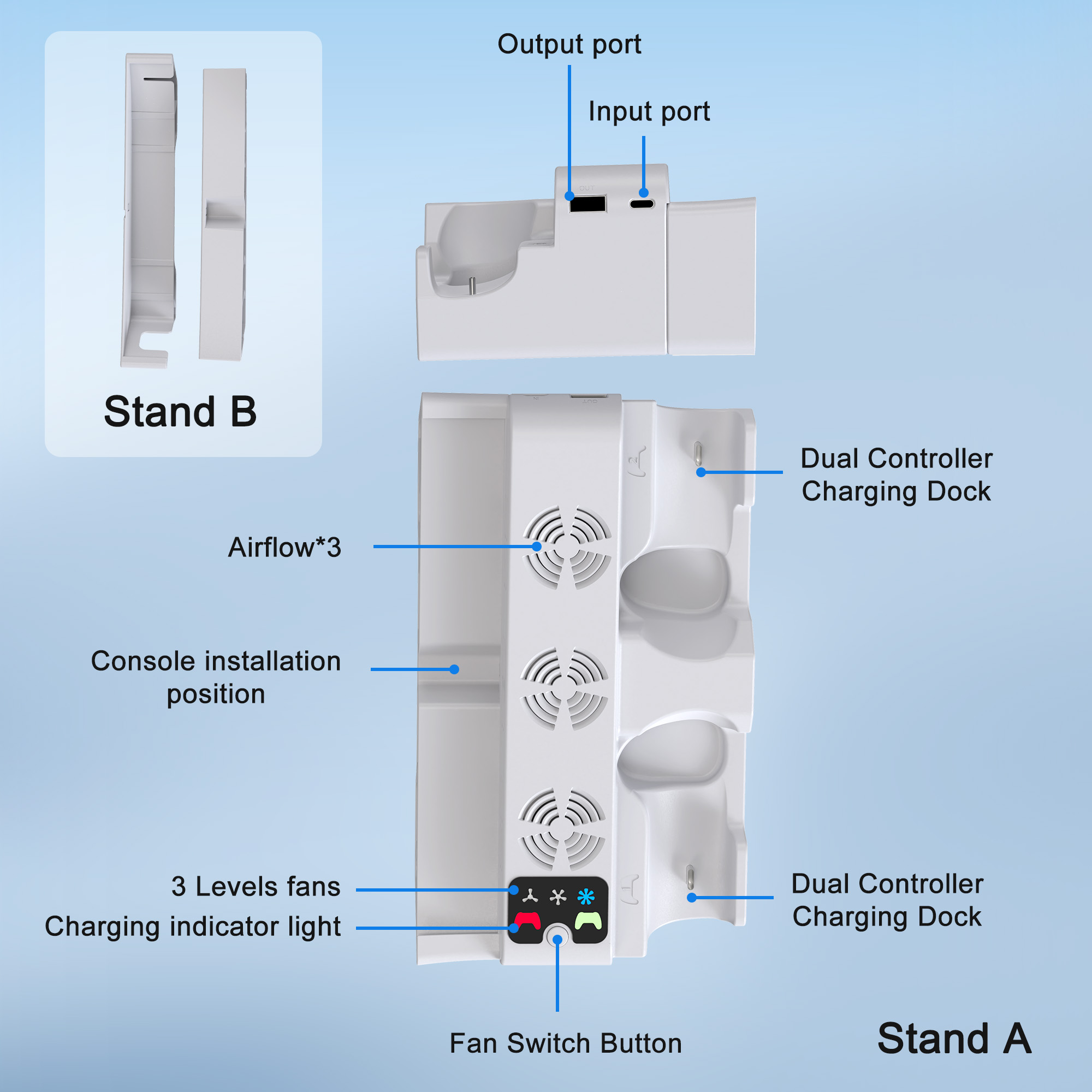 STARTRC PS5 Cooling Charging Station with Dual Controller Charger & Cooling Fan - Multi-Function Vertical Dock Stand