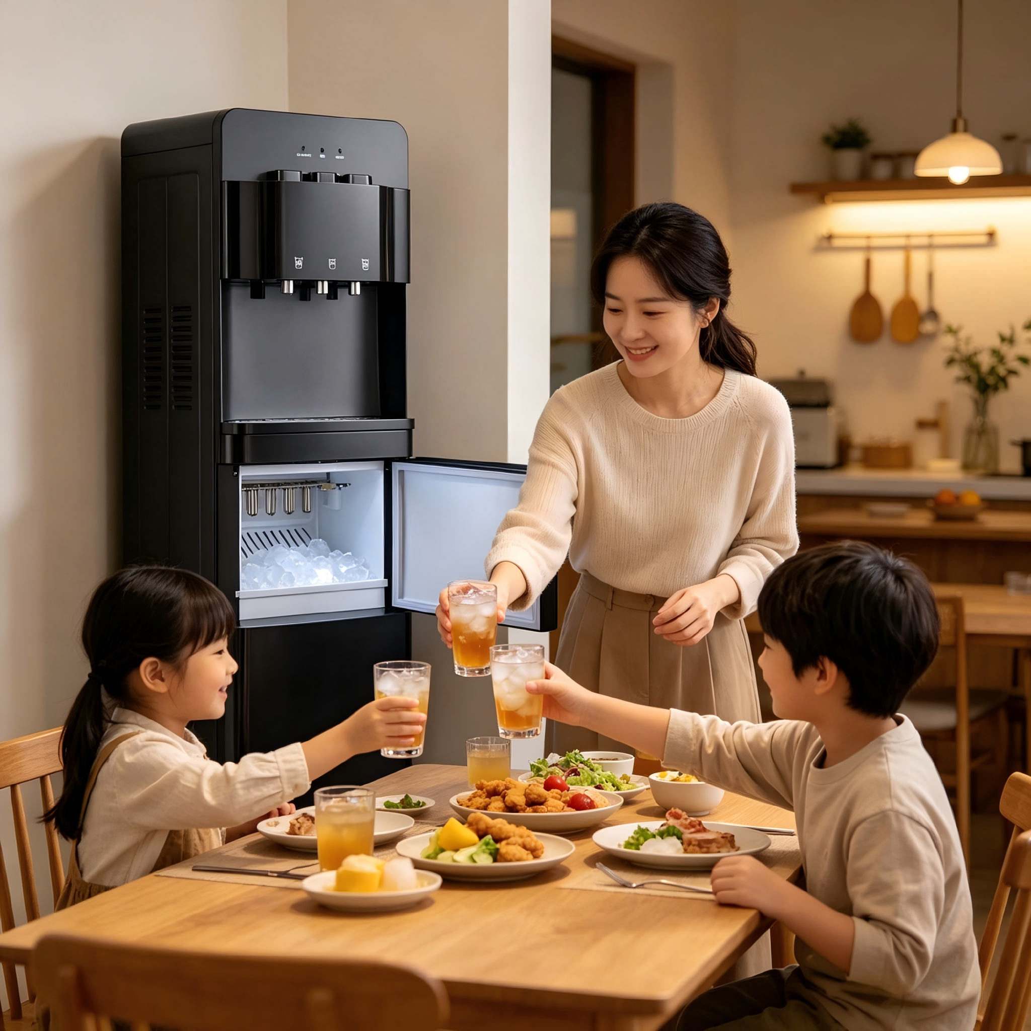 Freestanding Electric Water Dispenser with Ice Maker Top Load Plastic Design Hot Cold Compressor Cooling for Household Hotel Use