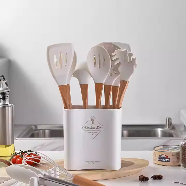 13-Pcs Silicone Kitchen Utensils Set Wooden Handle Non-Stick Heat Resistant BPA-Free Cookware Stirring Spatula Spoon