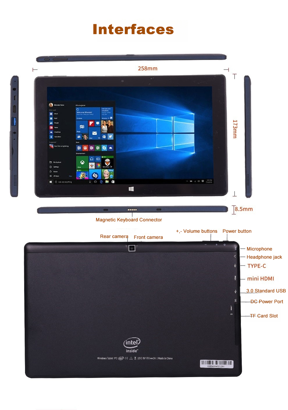 Intel N4120 10.1 Inch IPS 800*1280 12GB+1TB UHD Graphics 600 1.5Ghz~2.5Ghz 2MP + 2MP Camera 2 in 1 windows Tablet Laptop
