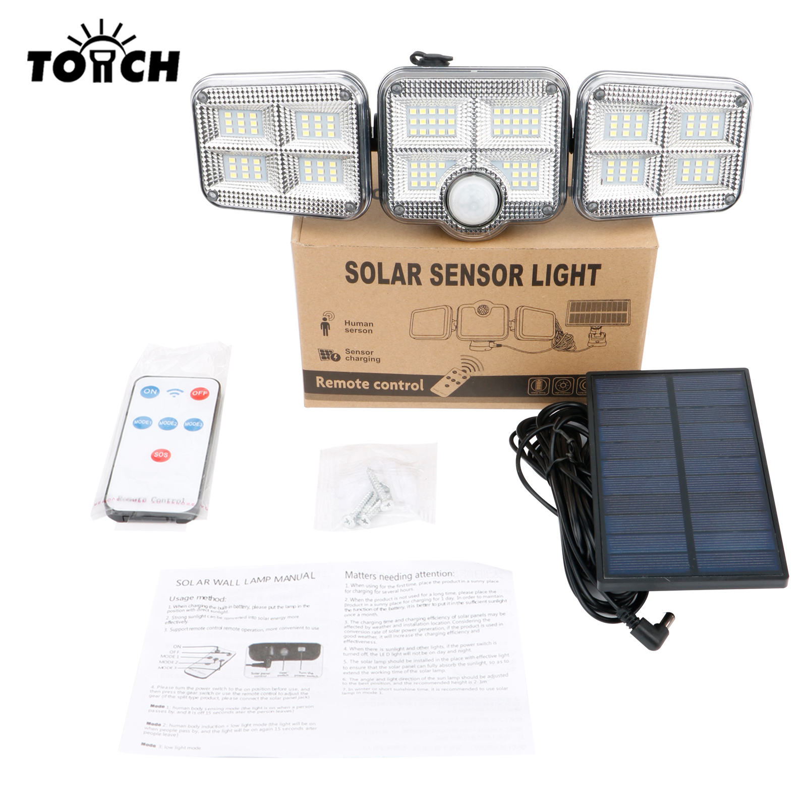 Factory Wholesale Outdoor Solar Powered Garden Lamp LED Solar Light Remote Control 3 Heads Motion Sensor Lights LED Flood Light