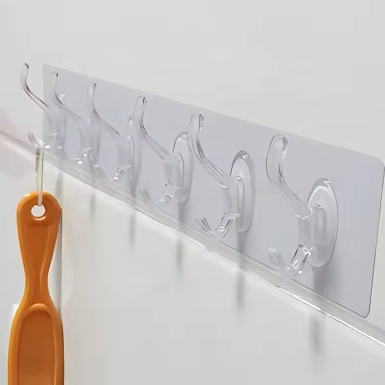 Household Transparent Row Wall Hook Wall Mounted  Plastic Sticky Hooks Kitchen Non Punching Trackless Wall Hook