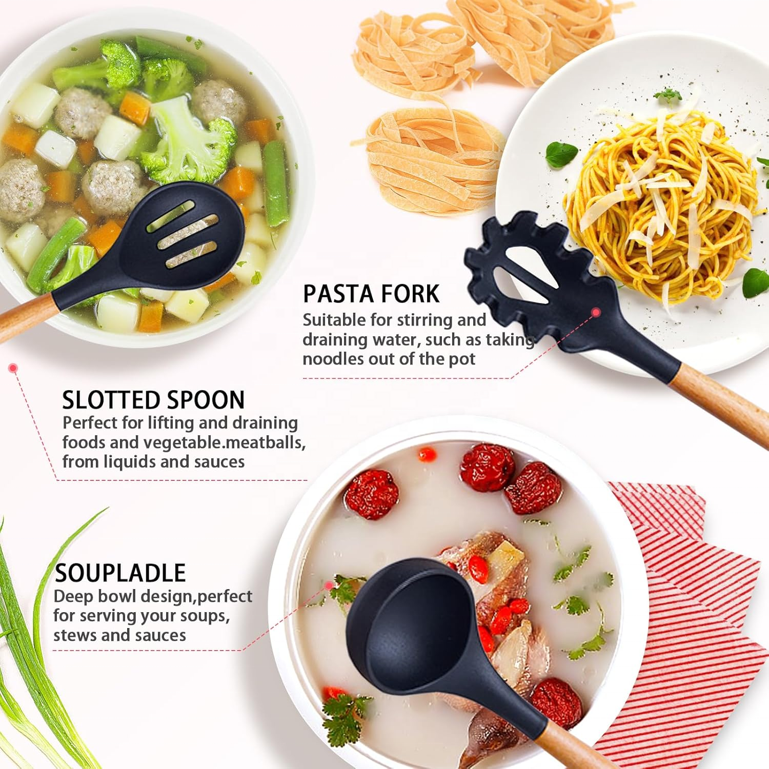 Kitchen Utensils Set, 19 Piece Stainless Steel Kitchen Knife Set, Silicone Cookware with Wooden Handle for Home Kitchen