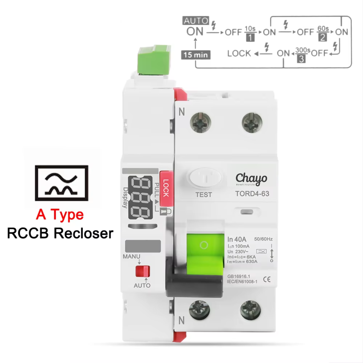 Chayo Mini Smart Automatic Self-Reclosing RCCB Device 2P 230V 6KA 63A 10mA 30mA 100mA 300mA RCD Differential Circuit Breaker