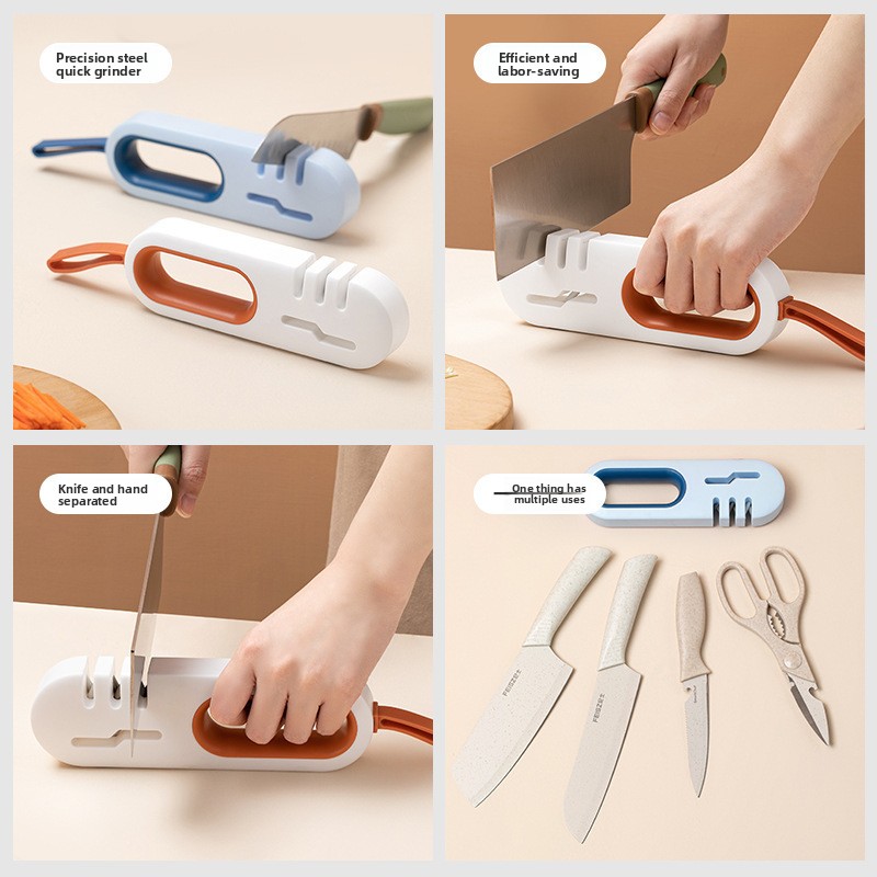 4-in-1 Knife Sharpener and Scissors Multifunctional Non-slip Kitchen Whetstone Household Manual Sharper Kit with Rubber Hanger