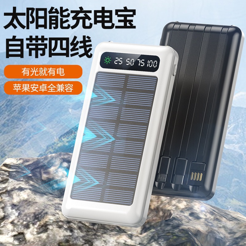 20000mAh Solar Power Bank with Built-in 4 Cables, Ultra Slim Portable Outdoor Mini Mobile Charger