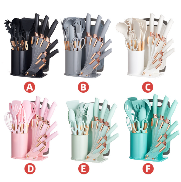 Kitchen Utensils Set 19 Piece Stainless Steel Kitchen Knife Set Silicone Cookware With Wooden Handle for Cooking