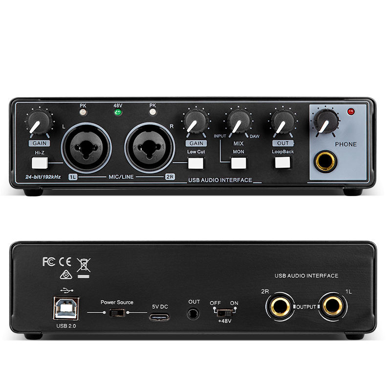 Professional 2 Channel  USB Professional Studio Sound Card Recording 24 Bit 192Khz Audio Interface for Live Streaming