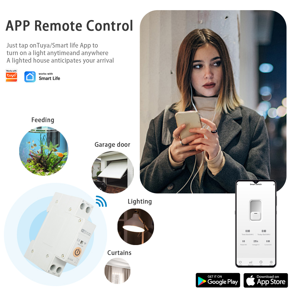 WiFi Smart Circuit Breaker 63A DIN Rail Power Metering Remote Voice Control Switch Works with Smart Life Alexa Google Home