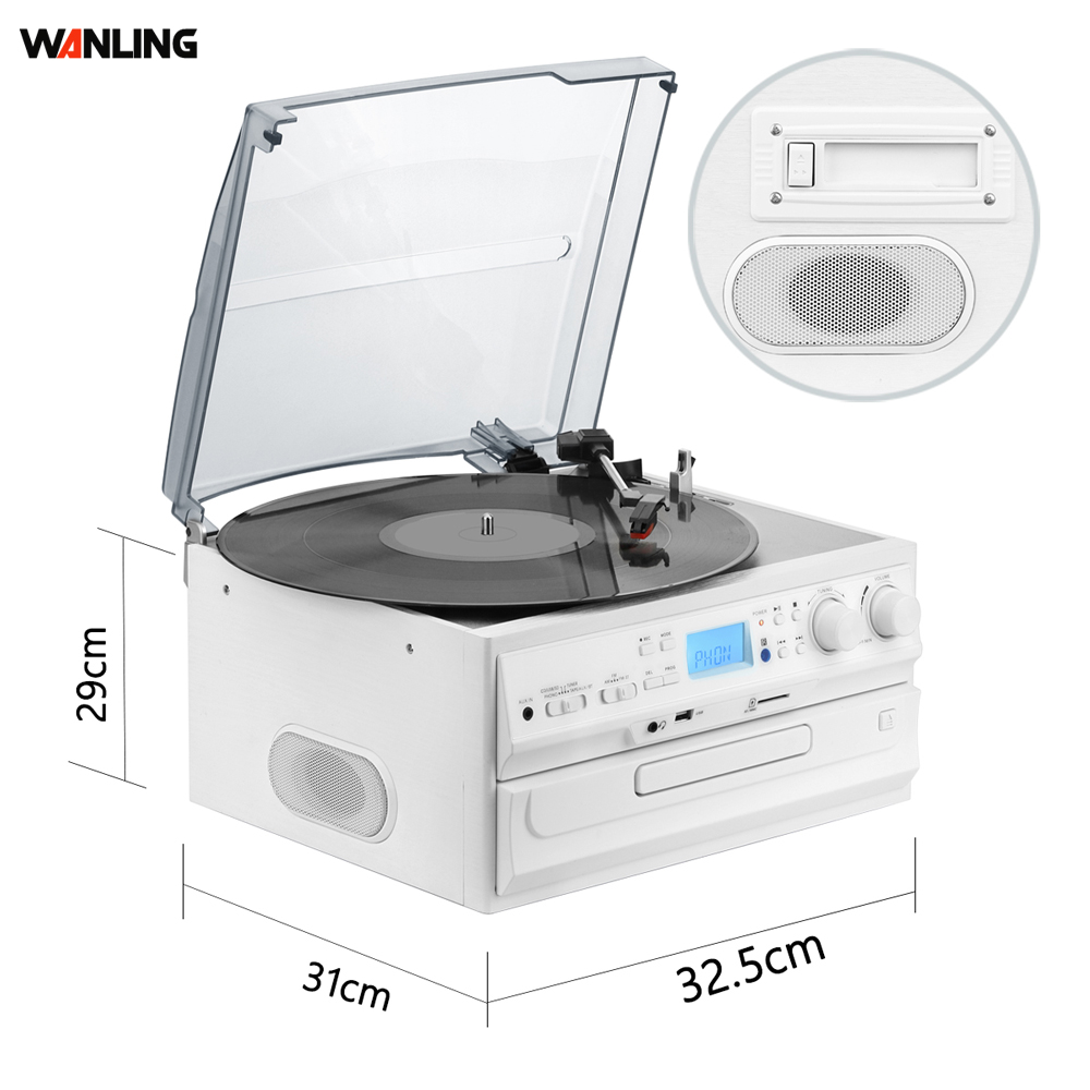Multi Turntable Player Wooden Nostalgic Mechanical Turntable 6 in 1 Audio BT Fully Automatiquie Plastic Vinyl Record Player