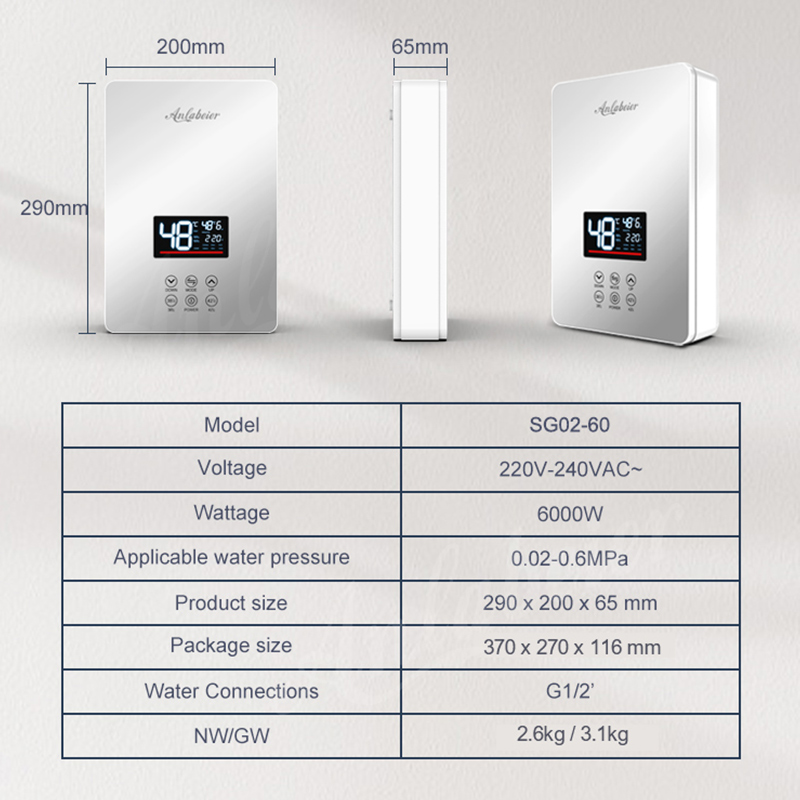 Direct Sales High-Grade 6kw Electric Instant Water Geyser for Household LED Temperature Display Plastic Construction for House