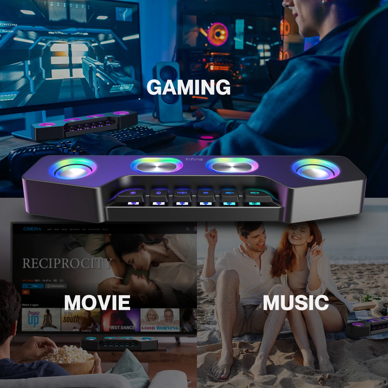 Игровая Bluetooth колонка FIFINE A16: беспроводная компьютерная акустика с RGB подсветкой и чистым стереозвуком для геймеров