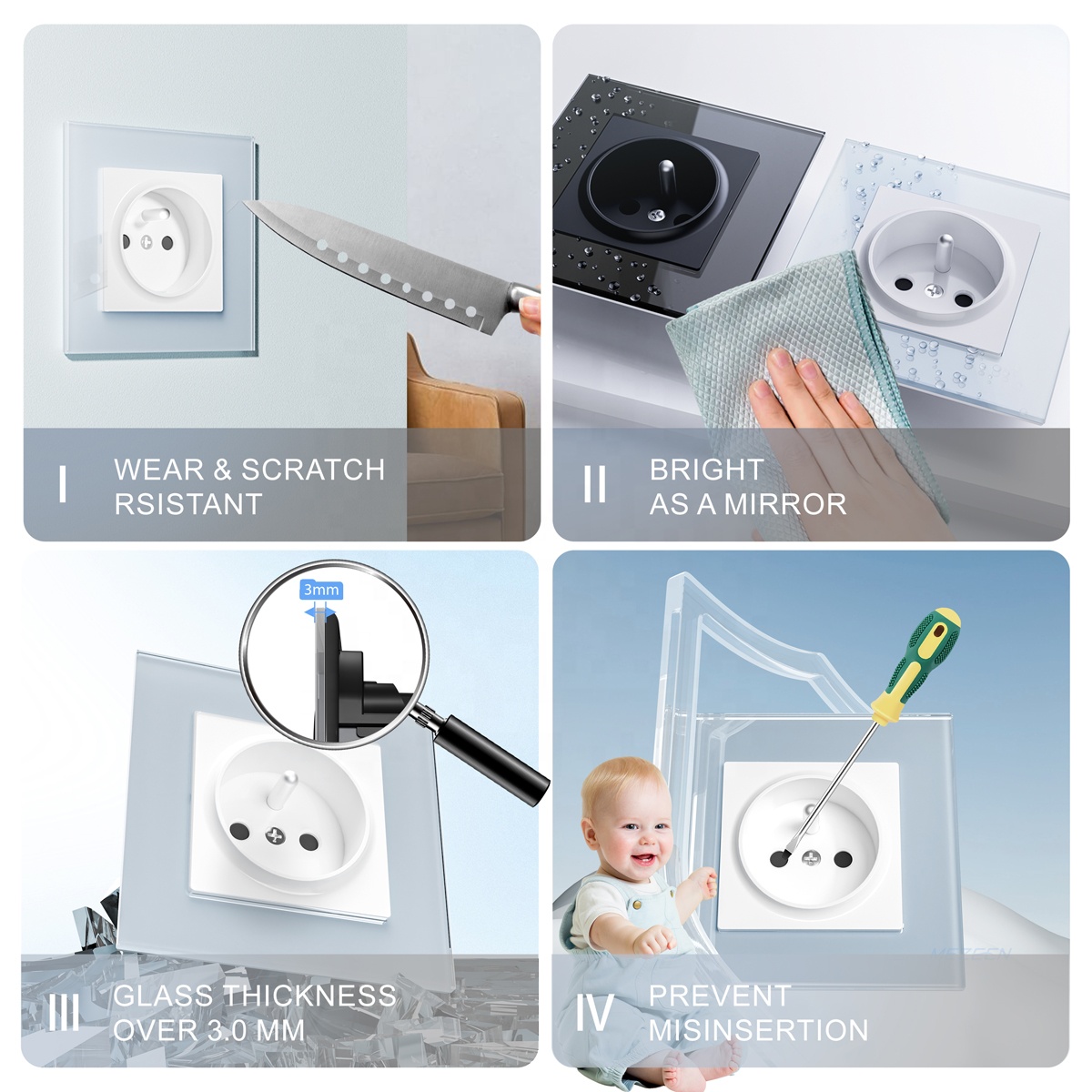 European Standard French Style Electric Wall Sockets With Colorful Glass Electrical Socket Panel