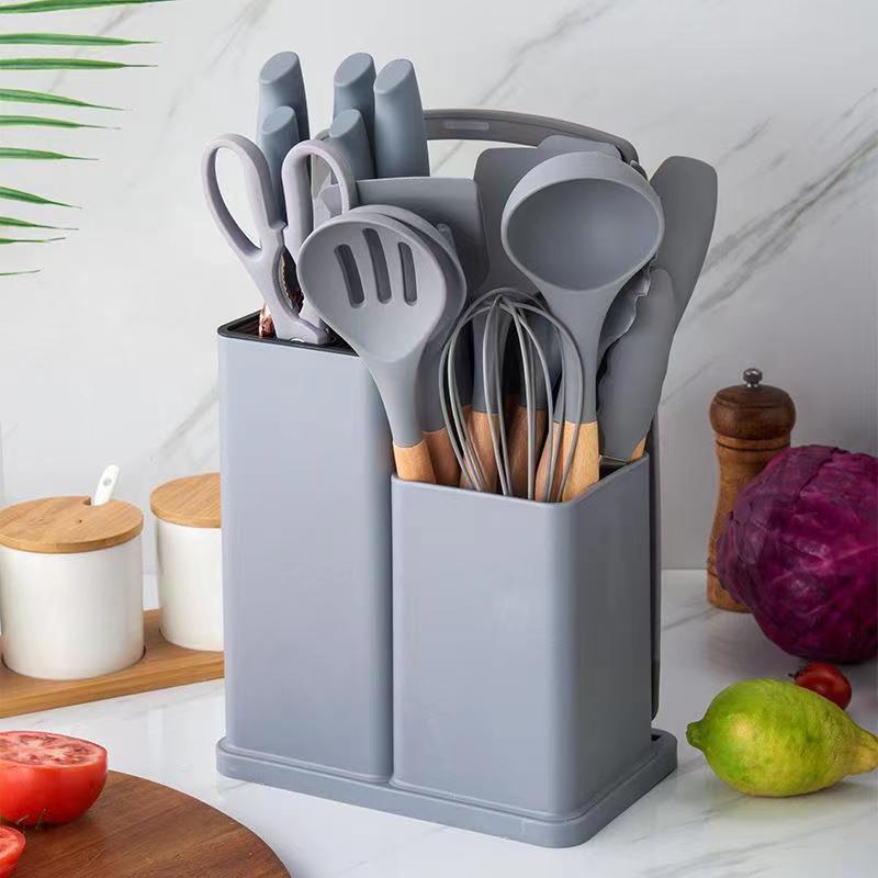 Factory Direct 19pcs Silicone and Steel Kitchen Utensils Set 19pcs Stainless Steel Knife with Wooden Handle Kitchen Tool Set