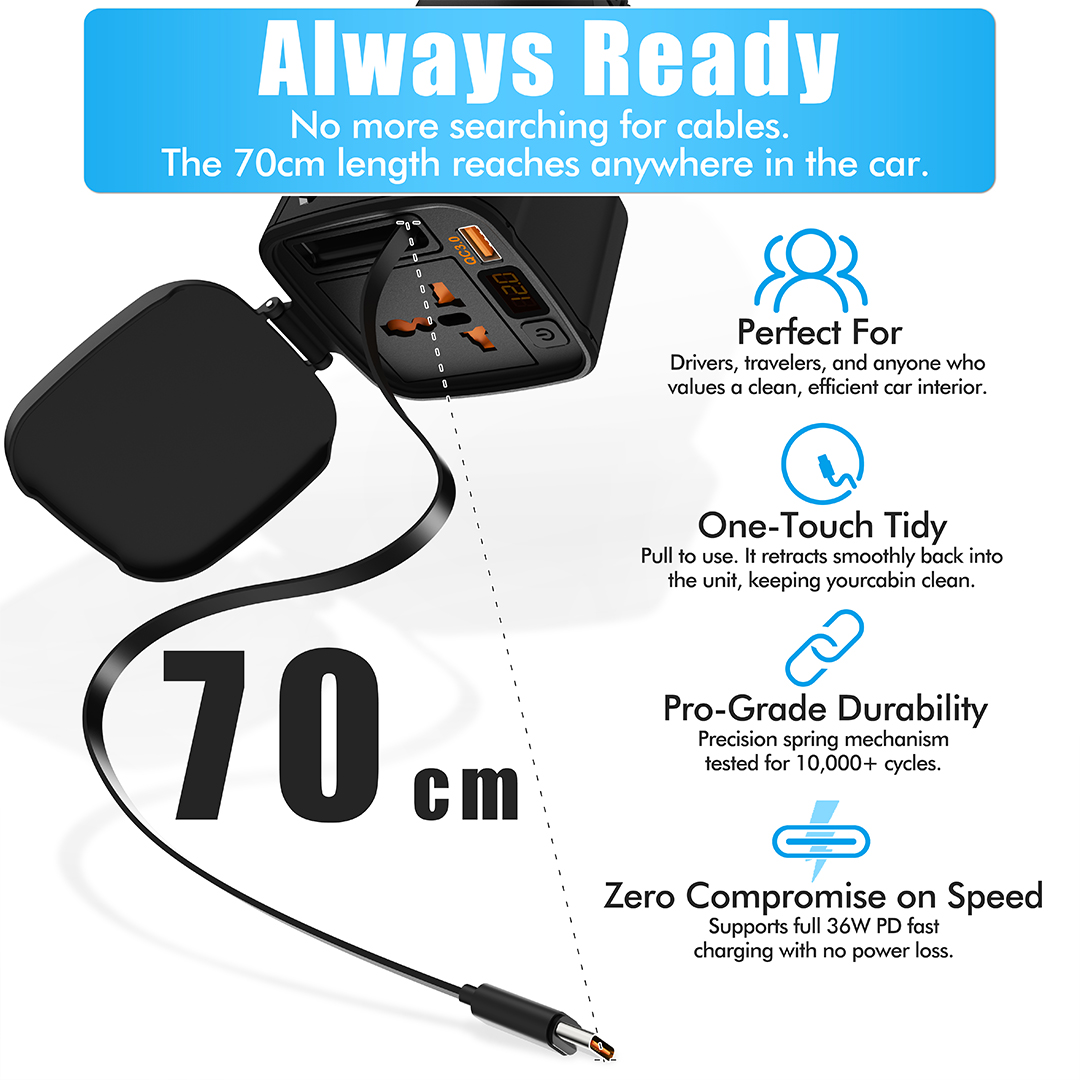 Factory Built-in Type-C PD and QC 3.0 36W Reel Cable 200 Watt DC 12V to AC 220V Modified Sine Wave Car Power Converter Inverter