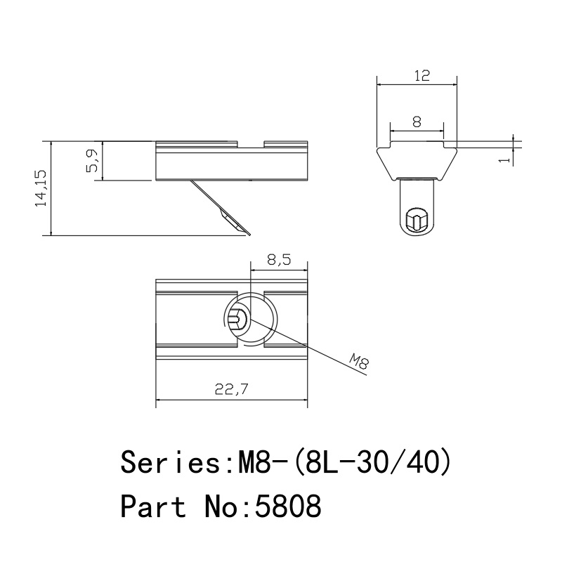 China  manufacturer  Rohs  Oem odm  5807 5808  m6 m8   Roll-in T-Nuts with leaf  for 30 40   Aluminium Profile