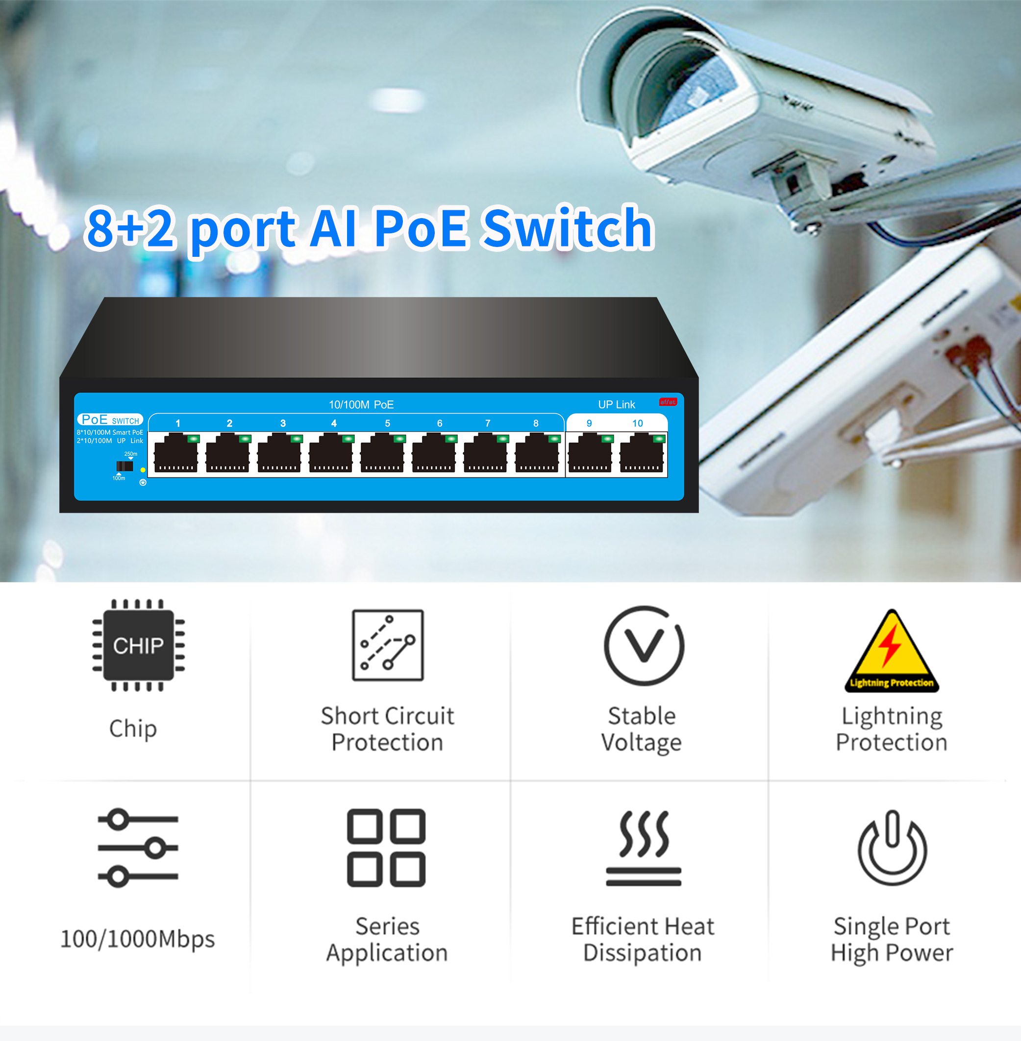 8+2 100M 10 Port PoE Network Switch IP Camera Dedicated IEEE802.3af/at Standard 52V2.3A 120W Single Port Maximum Power 30W