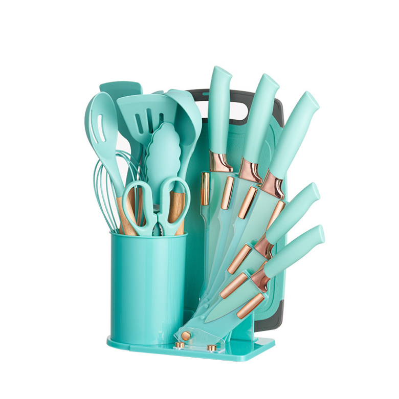 Kitchen Utensils Set 19 Piece Stainless Steel Kitchen Knife Set Silicone Cookware With Wooden Handle for Cooking