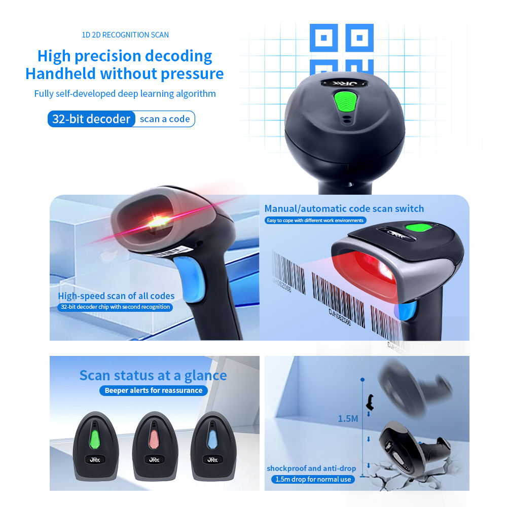 JR659DB Hot Sale  Barcode Reader Scanner Gun and High Quality, High Scanning Performance 2D QR Hands-Free Barcode Scanner Reader
