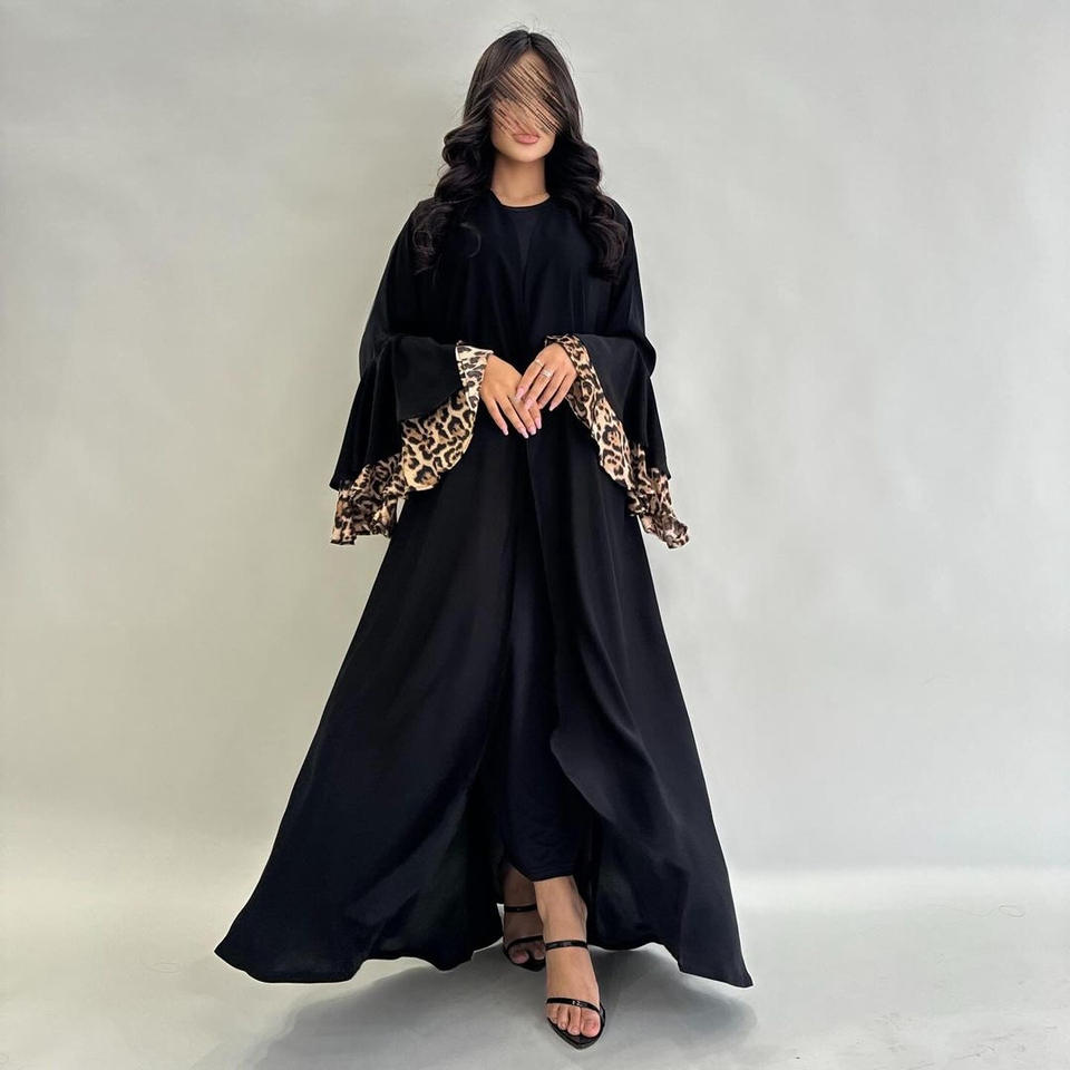 Wide Sleeve Leopard Print Black Open