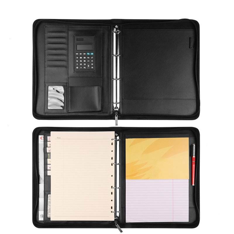 Черный органайзер-портфель на молнии с кольцевым механизмом, блокнот для записей, с тисненым логотипом, 33x24x2 см, формат Legal/Letter, из искусственной кожи, для документов