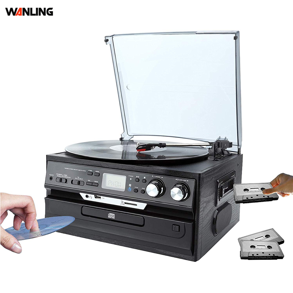 Multi Turntable Player Wooden Nostalgic Mechanical Turntable 6 in 1 Audio BT Fully Automatiquie Plastic Vinyl Record Player
