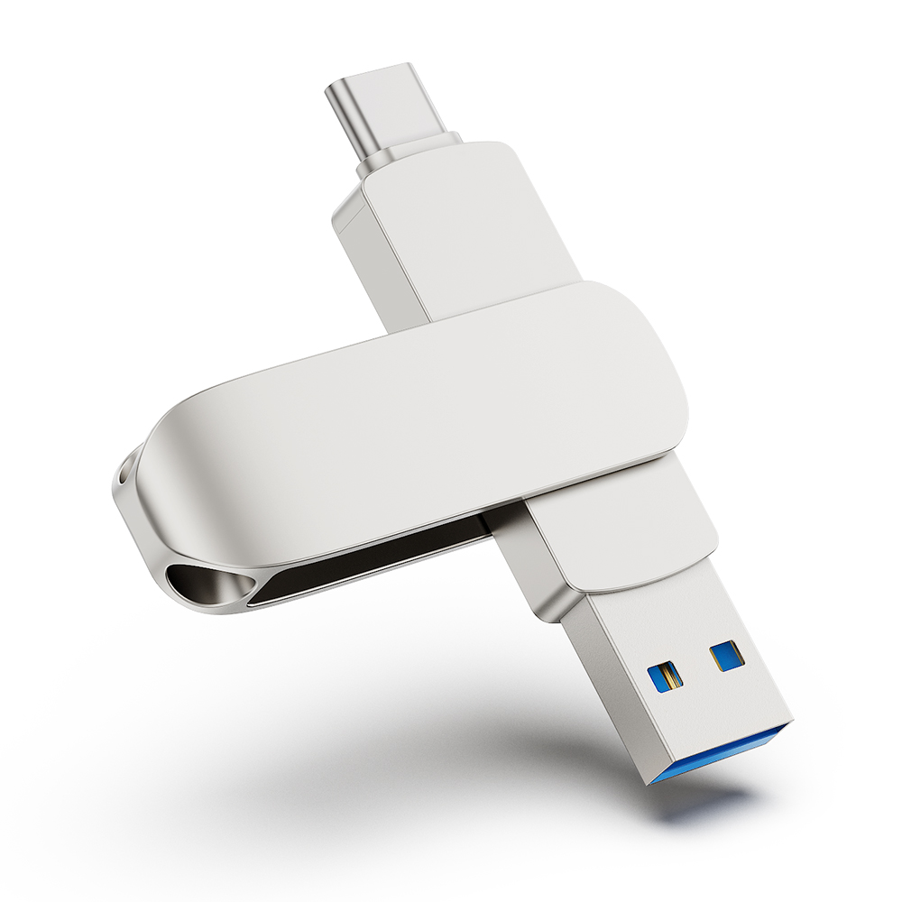 WORTHSPARK Silver 64GB/128GB/256GB/512GB Metal OTG USB 3.0/3.1 Flash Drive with USB Type-C & USB-A Dual Ports 3-Year Warranty