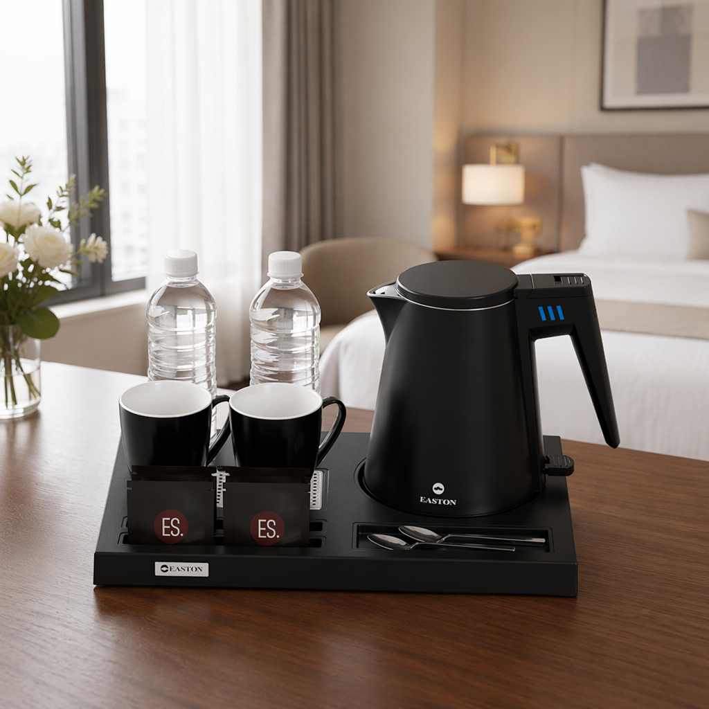 Hotel Guestroom Electric Kettle with Tray Set Hospitality Welcome Tray with Black Double Layer 0.6L Electric Kettle