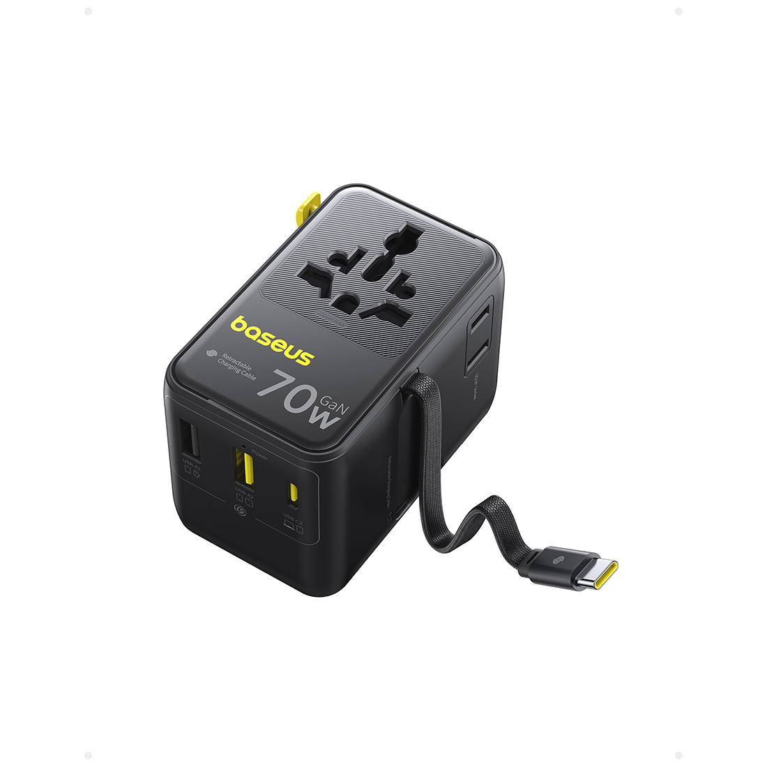 Адаптер питания, Baseus, E0307E00, EnerCore CG11, Universal Travel Adapter, 70W, 6 активных портов, 2AC+2U+1C+USB-C кабель, PD Fast Charge, Выдвижной USB-C кабель, Международные вилки, 100-240V, Защита от перегрева, Черный