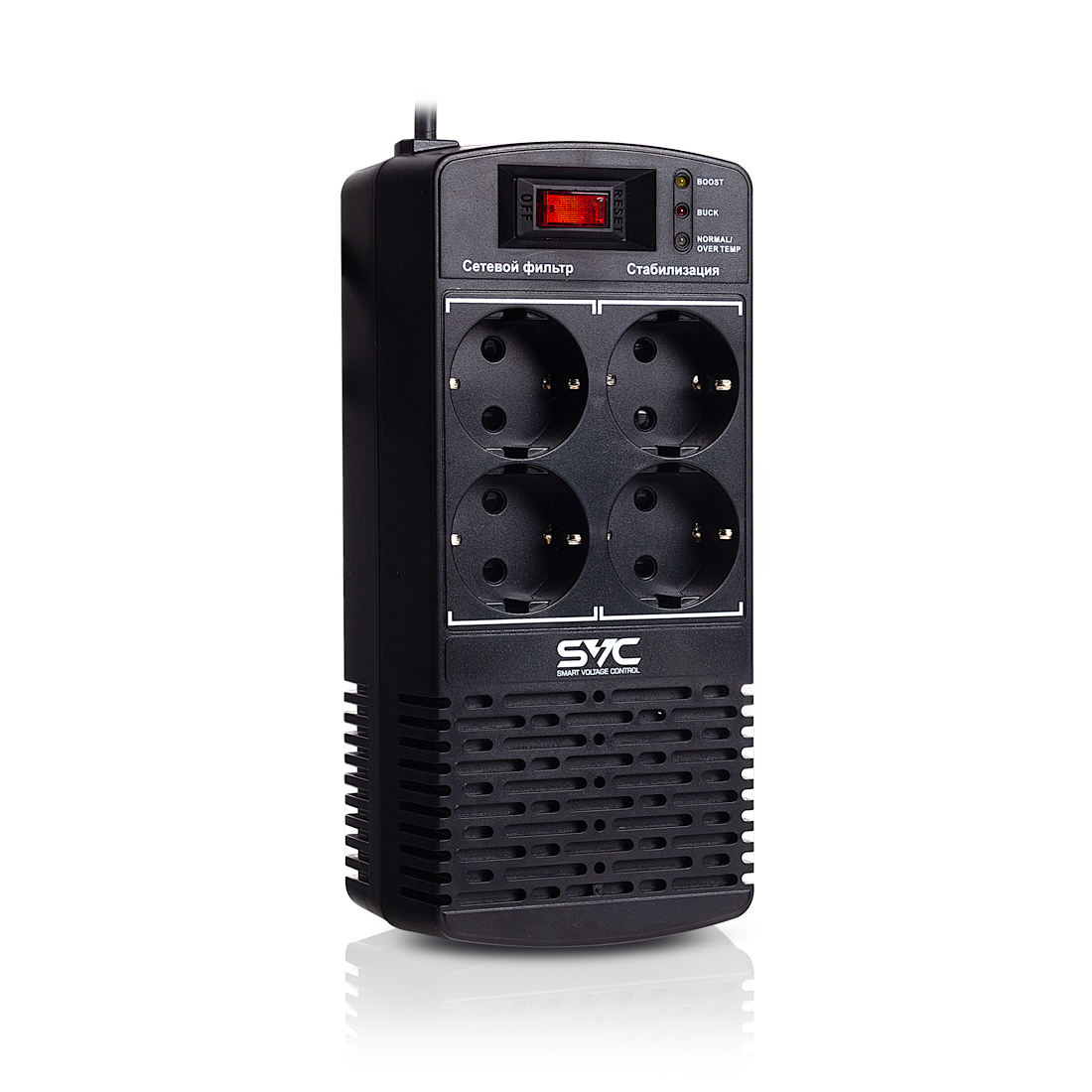 Стабилизатор (AVR), SVC, AVR-1000-L, Мощность 1000ВА/500Вт, LED-индикаторы, Диапазон работы AVR: 174-280В, 4 вых., 1.2 м., Чёрный