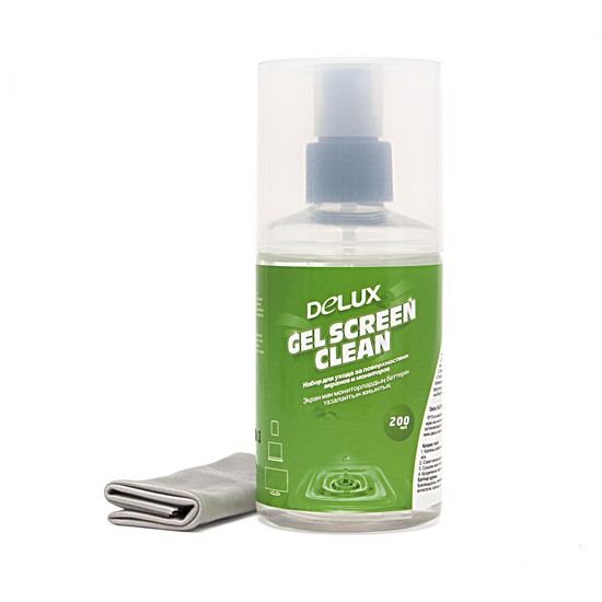 011_Чистящий набор, Delux, Gel Screen Clean, Для экранов и мониторов (LCD, OLED), стеклянных копировальных аппаратов, сканеров и другой оргтехники, Гель 200 мл с салфеткой из микрофибры 18*18 см, Удаление пыли и загрязнений, Дезинфицирует поверхност